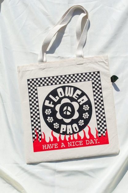 Canvas Tote Bag with Unique Screen Print - Logo, Checkerboard, and Flame Graphics